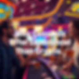 A lively casino atmosphere with people laughing, playing games, and celebrating wins with drinks in hand.