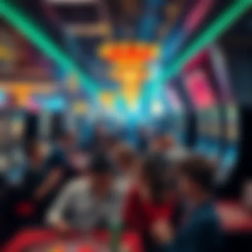 A busy casino floor showing people celebrating wins at one table while others look disappointed at another. Bright lights and slot machines create an energetic atmosphere.