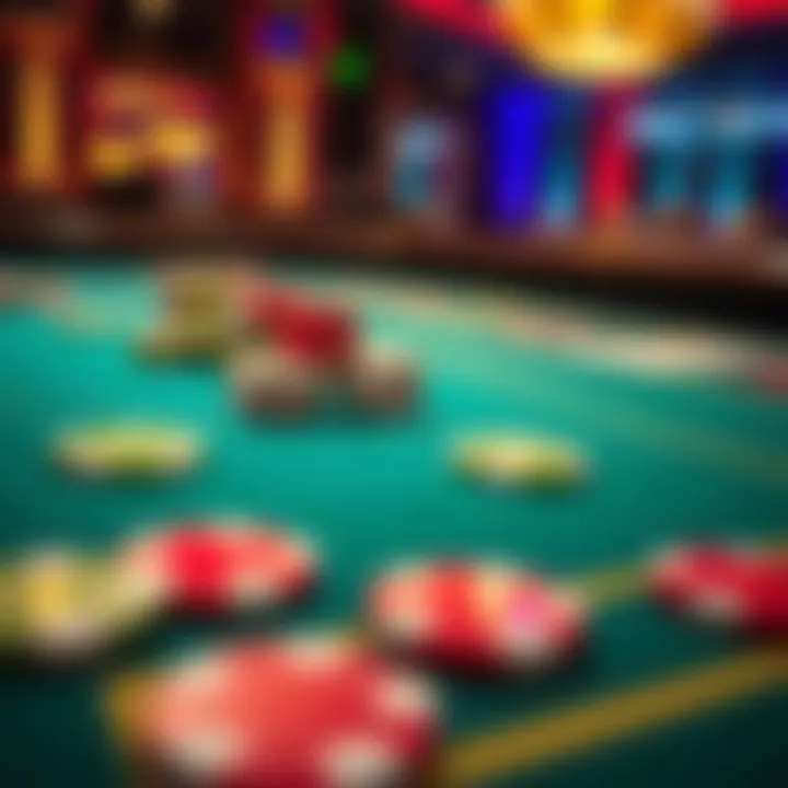 A close-up view of a casino table with colorful chips and dice, symbolizing the excitement of gambling and life's risks.