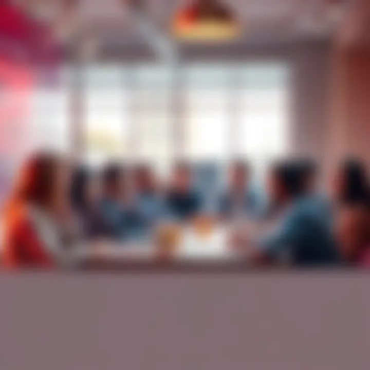 A diverse group of people engaged in a casual conversation around a table, sharing ideas and asking questions.