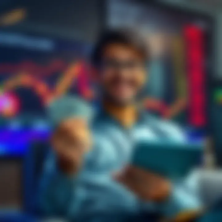 Casual Investor Holding Cash A relaxed investor smiling while holding cash and looking at stock charts, symbolizing a fun approach to investing.