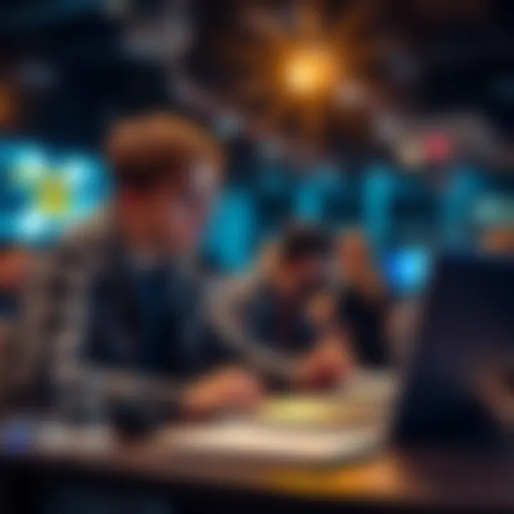 A college student sitting at a laptop, brainstorming ideas with a casual teammate at a hackathon event.