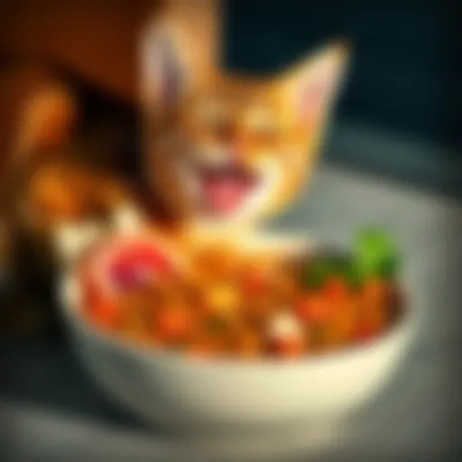 A cat happily eating a bowl of kitty slop, featuring mixed ingredients for feline nutrition