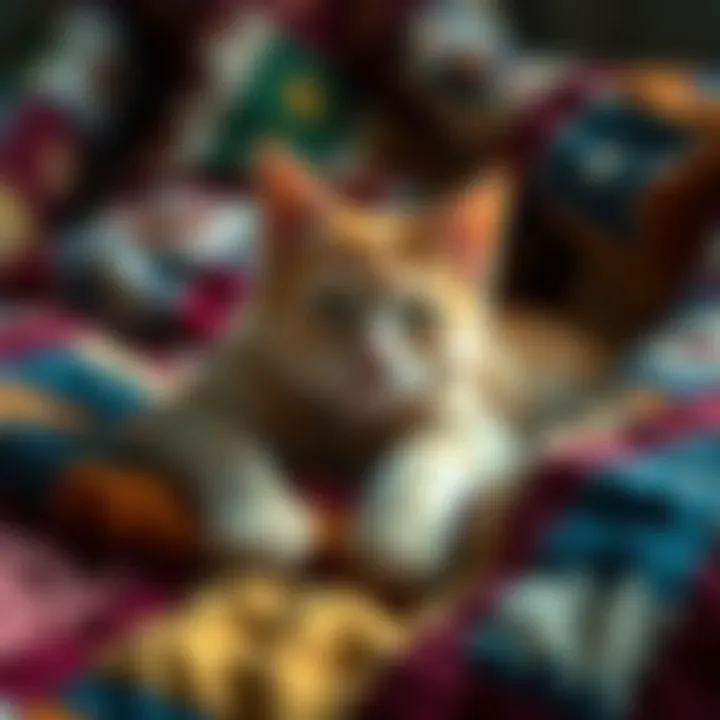 Cat resting on a quilt A cozy cat lounging on a colorful patchwork quilt, surrounded by soft fabric textures.