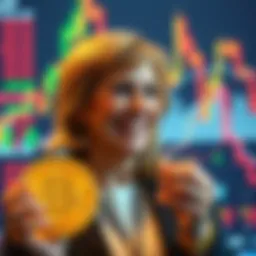 Cathie Wood Bitcoin Investment Cathie Wood smiling while holding Bitcoin, with stock market charts in the background