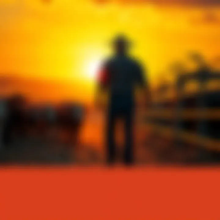 A farmer stands in disbelief next to a cattle pen as he learns prices have fallen below $15. The sun sets in the background, casting long shadows.