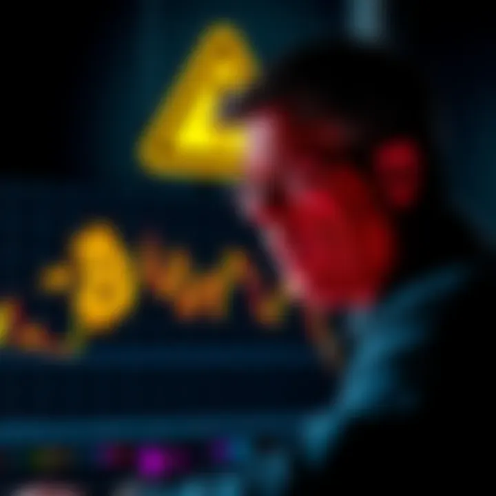 A worried investor looking at a graph showing Bitcoin's price fluctuations, with a warning sign in the background.