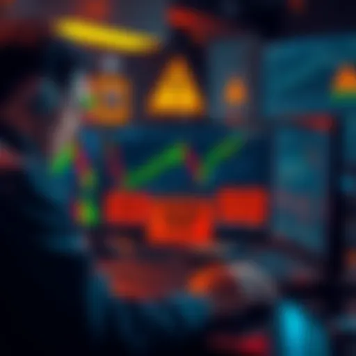 A trader looking at cryptocurrency charts and warning signs about scams on the screen