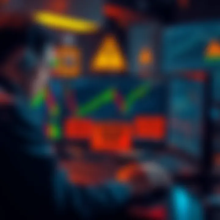 A trader looking at cryptocurrency charts and warning signs about scams on the screen