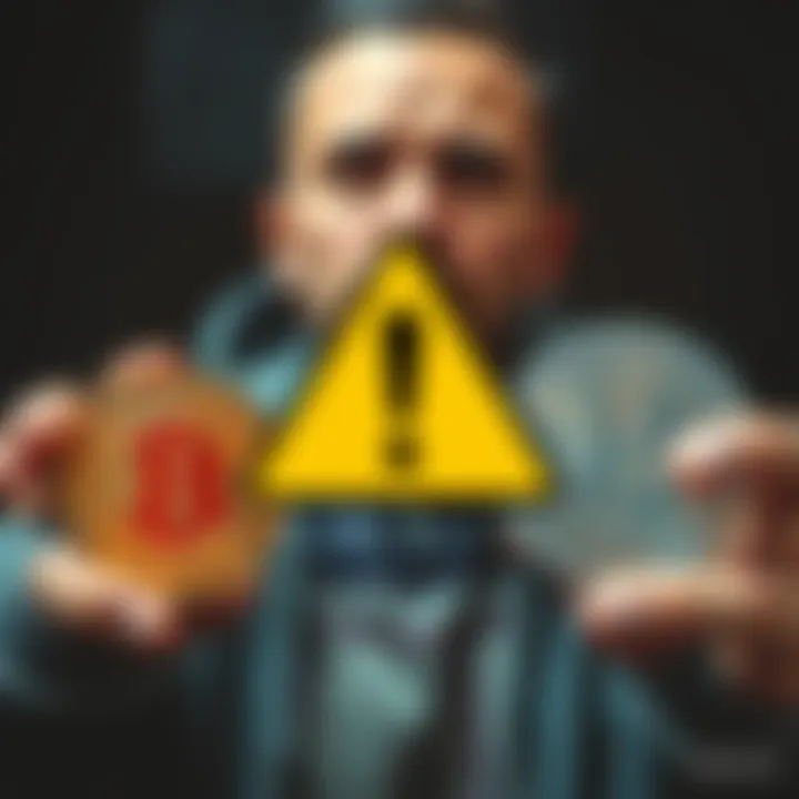 A warning sign overlaid on images of Bitcoin, Solana, and Litecoin wallets, indicating allergic reactions and caution, with a concerned person in the background