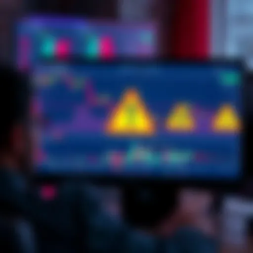 A person looking at a computer screen displaying cryptocurrency charts and warning signs, emphasizing the need for caution in trading.
