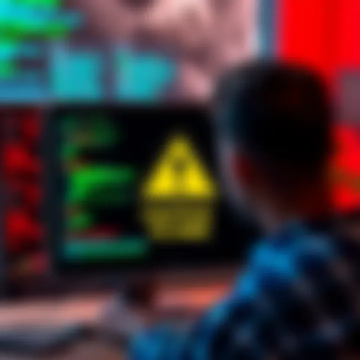 A warning sign showing a person looking at a computer screen with a caution symbol, indicating security risks from scams.
