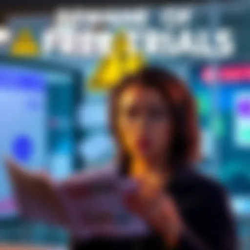 A warning sign indicating caution, with symbols representing money loss and subscriptions. A user looking concerned while reviewing their finances.