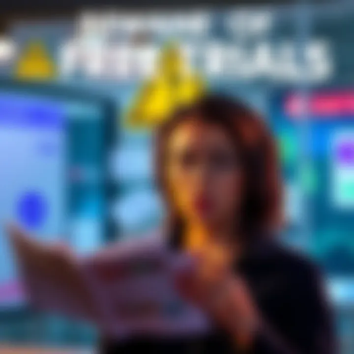 A warning sign indicating caution, with symbols representing money loss and subscriptions. A user looking concerned while reviewing their finances.