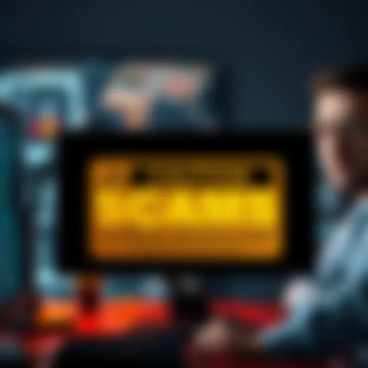 A warning sign displayed on a computer screen, indicating the rise of scams in online forums, with a person looking concerned in the background.