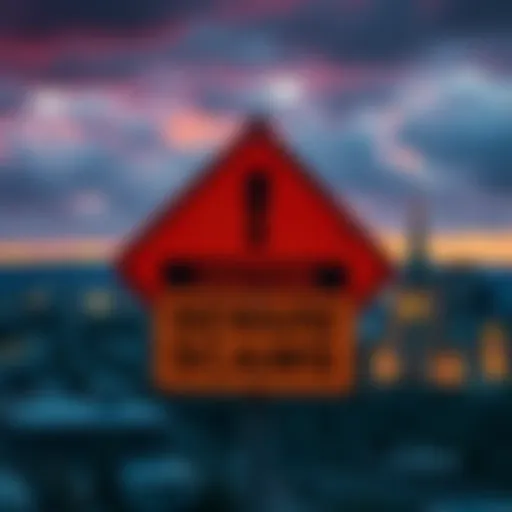 A caution sign warning about scams with a backdrop of Paducah, KY skyline