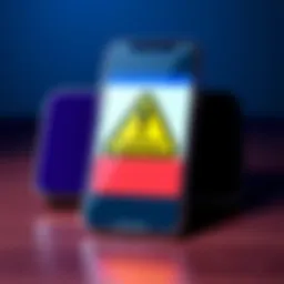 A warning sign symbol on a smartphone displaying a suspicious Facebook link, highlighting online safety concerns.