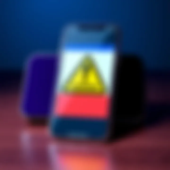 A warning sign symbol on a smartphone displaying a suspicious Facebook link, highlighting online safety concerns.