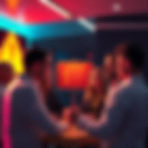 A group of people discussing cryptocurrency safely, with a warning sign for scams in the background.