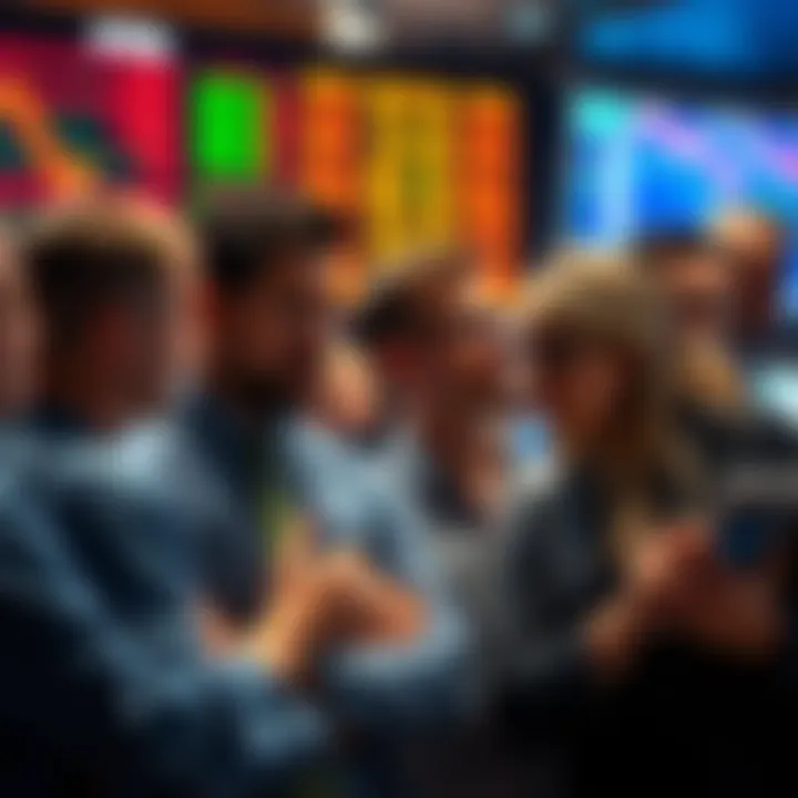 A group of investors anxiously observing stock charts, displaying concern and hesitation about market movements.