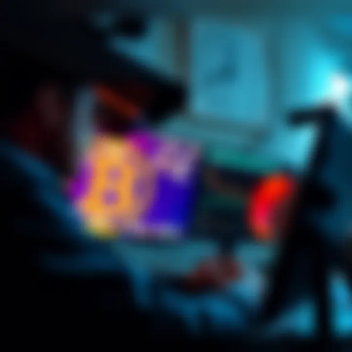 A screenshot from CCTV showing a man using a computer to access his Bitcoin wallet while being watched by a hidden camera, symbolizing personal security risks.