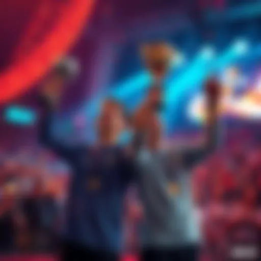 Two winners holding trophies with a cheering crowd in the background