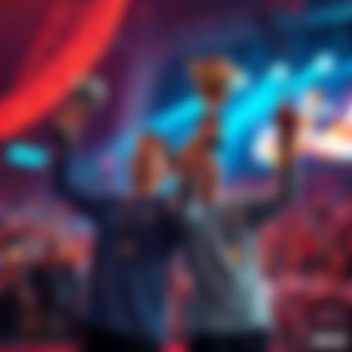 Two winners holding trophies with a cheering crowd in the background