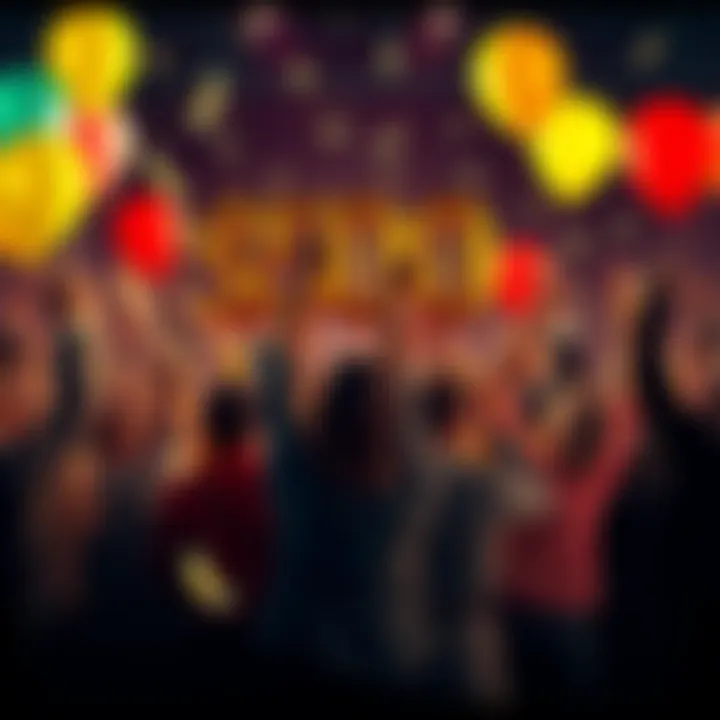 Celebrating $500 Club Achievement A group of people cheering and celebrating together with money symbols and balloons, representing the excitement of joining the $500 club.