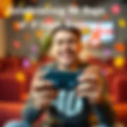 A person smiling while holding a game controller with colorful bonus rewards around them