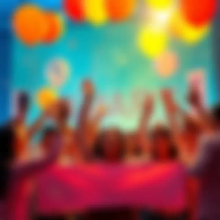 A group of people celebrating with balloons and banners in support of Elena at BitMart, looking excited for the future.