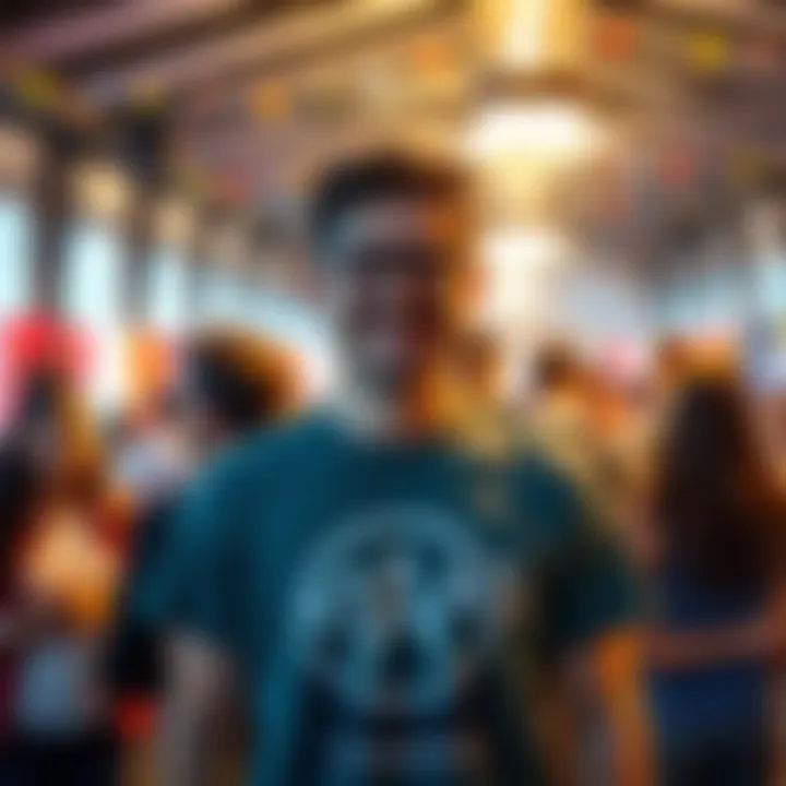 Person celebrating their first year in Atlas, wearing a gaming-themed shirt and surrounded by friends in an Italian community gathering.