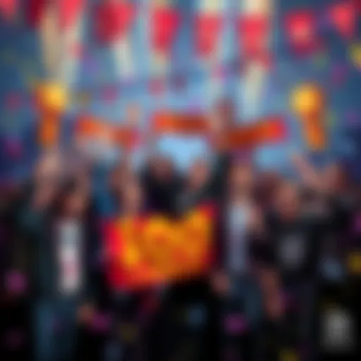 A group of people celebrating with confetti and banners indicating 1000 lands achievement