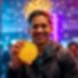 A person smiling and holding a Bitcoin symbol with a celebratory backdrop