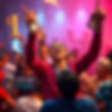 A person joyfully celebrating their achievement of joining the 1 dollar club in Atlas Earth, surrounded by others in a vibrant community setting.