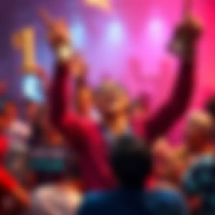 A person joyfully celebrating their achievement of joining the 1 dollar club in Atlas Earth, surrounded by others in a vibrant community setting.