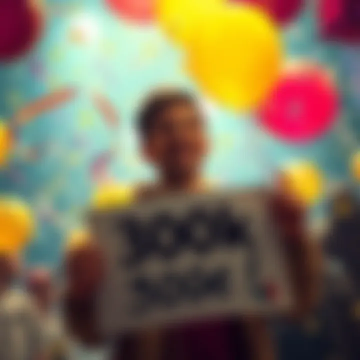 A person smiling while holding a sign that says 300k DOGE, surrounded by confetti and balloons.