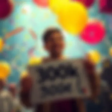 Celebrating 300k DOGE A person smiling while holding a sign that says 300k DOGE, surrounded by confetti and balloons.