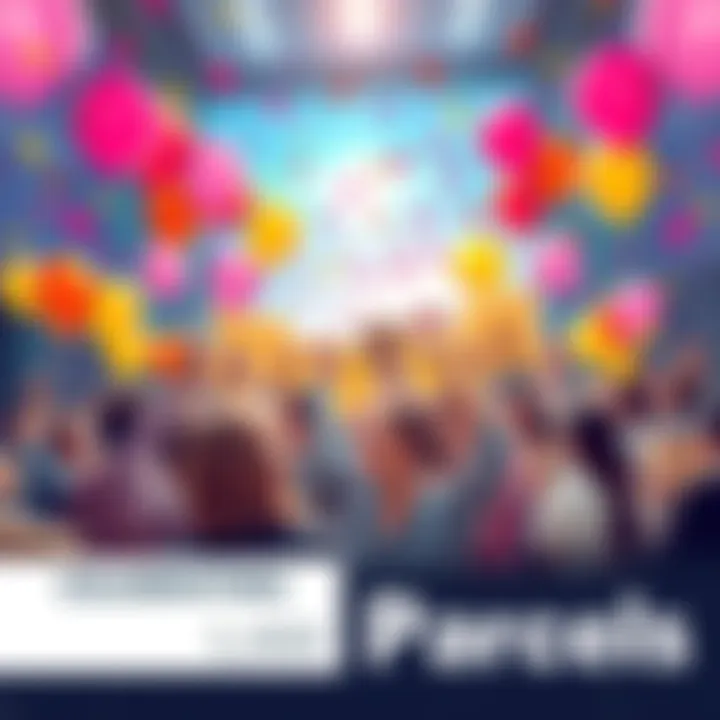 A group of people joyfully celebrating the achievement of 5,000 parcels delivered, with balloons and banners.