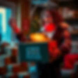 A person joyfully holding a box with 50 parcels around them, looking excited while discussing tier jumping