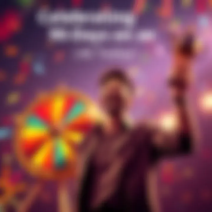 Person joyfully celebrating a 90-day milestone with a spinning wheel and a trophy in hand.