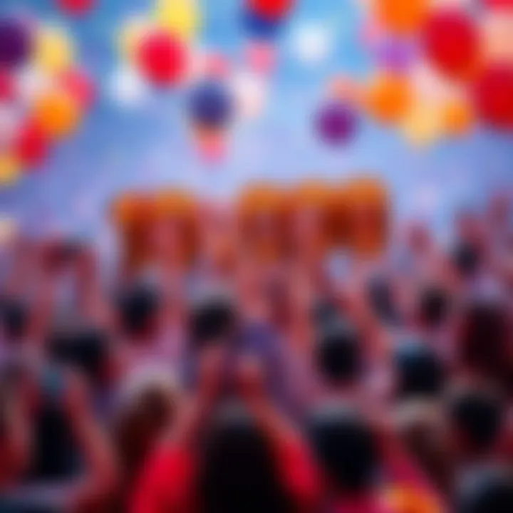 A vibrant gathering of diverse people celebrating the milestone of reaching 10,000 community members with balloons and banners in the background