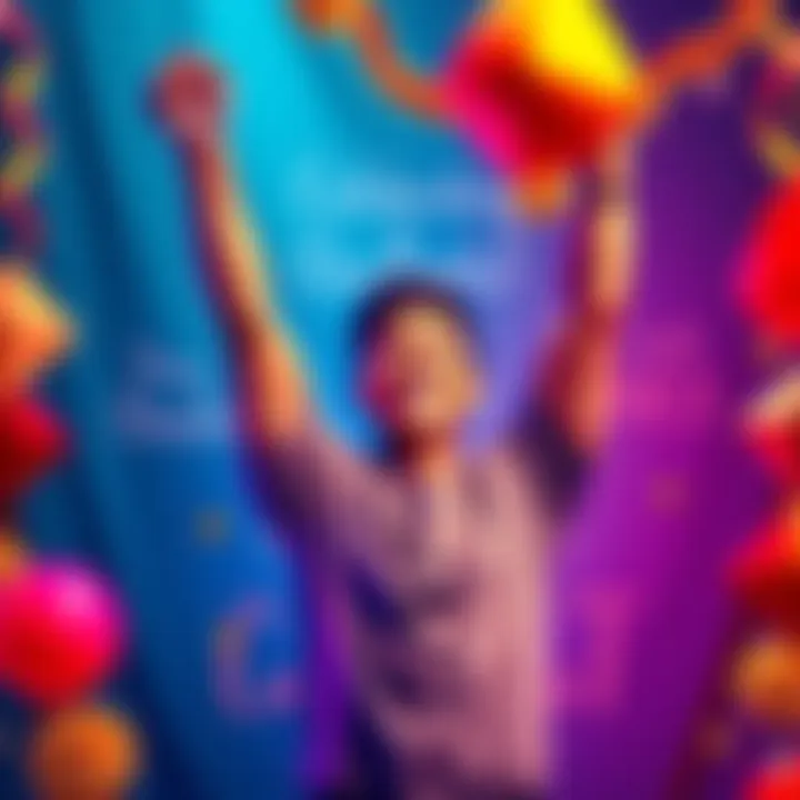 A person smiling and raising their arms in victory, surrounded by motivational quotes and colorful decorations, symbolizing personal achievement on the first day of a challenge.