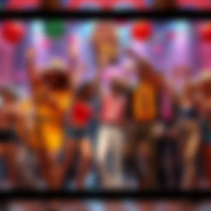 A group of people dancing and celebrating, dressed in colorful 70s style clothes, with decorations marking the end of the decade.