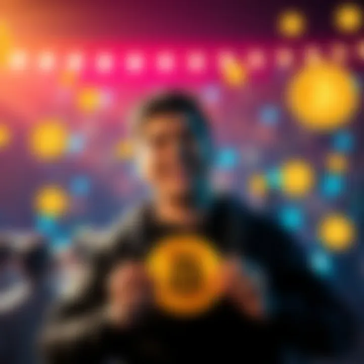 Celebrating First Full Bitcoin A person joyfully holding a Bitcoin symbol, surrounded by cryptocurrency icons, representing the achievement of owning a full Bitcoin.