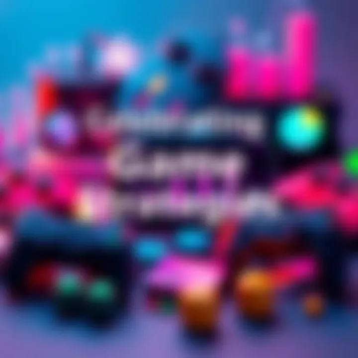 A colorful graphic showing various gaming elements such as controllers and charts, symbolizing a year of strategic gameplay and surveys.