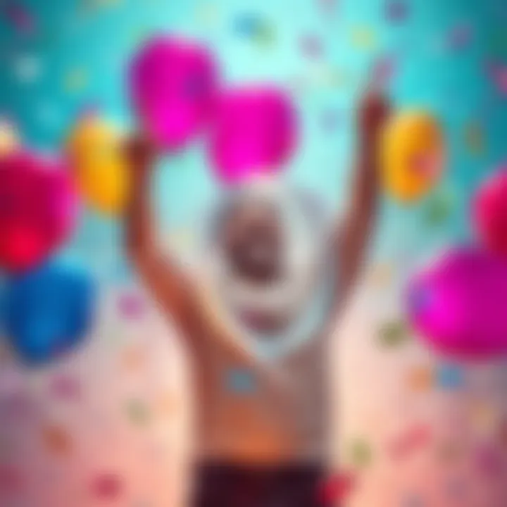 A person joyfully celebrating reaching a milestone, surrounded by balloons and confetti, representing achievement and success.