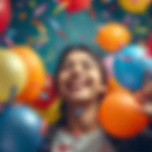 A person smiling brightly while surrounded by colorful balloons and confetti, capturing the essence of happiness.