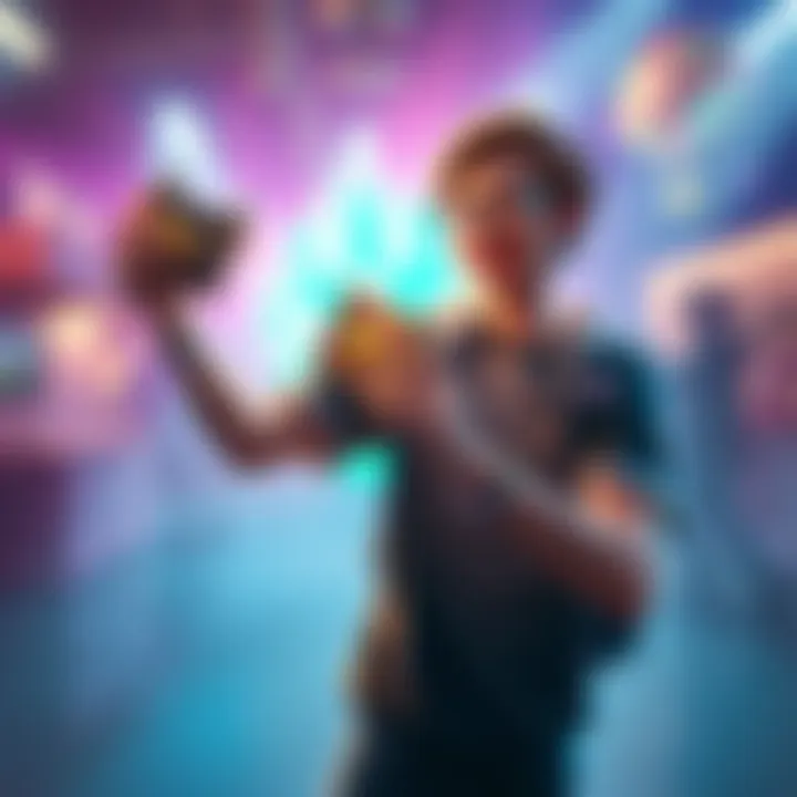 Celebrating with Legendary Item A gamer joyfully holding their second legendary item in a bright and colorful gaming environment, showcasing their excitement and achievement.