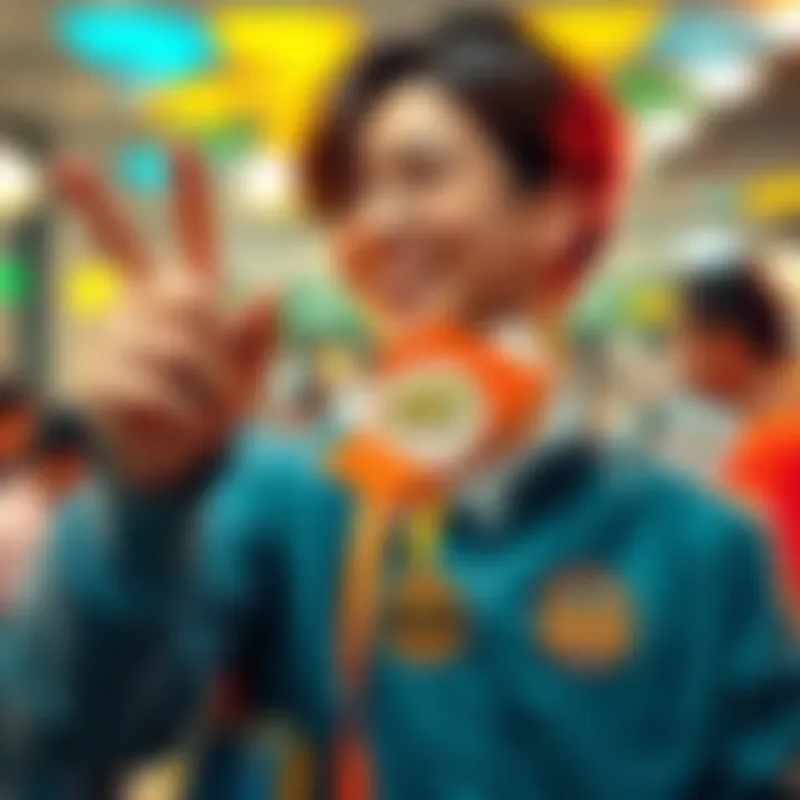 A joyful person holding a month badge with Subway sandwich and survey papers in the background