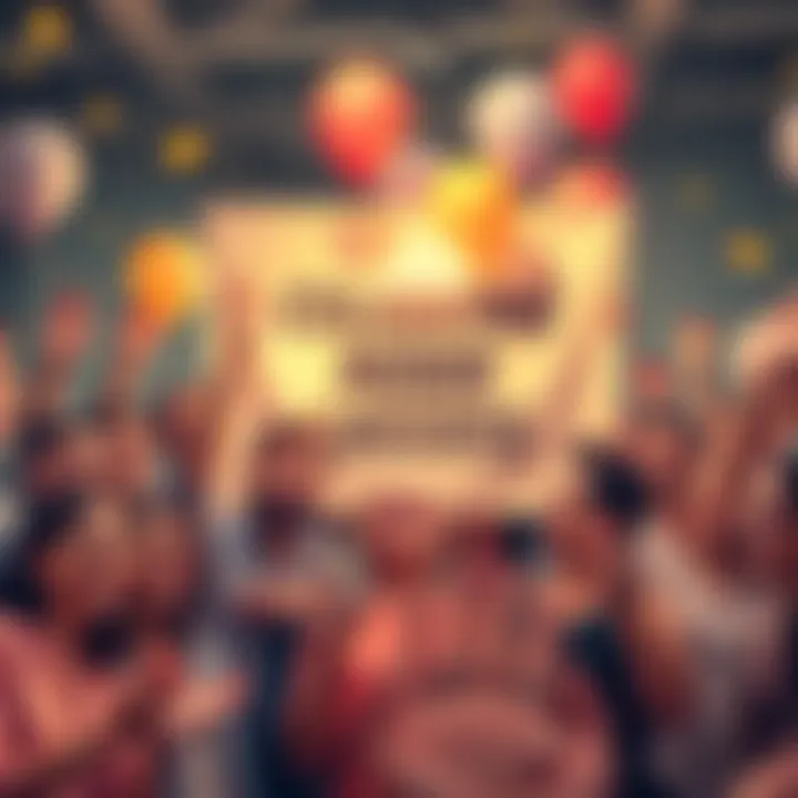 A group of people celebrating a milestone in node running and staking with smiles, balloons, and a large banner that reads 'One Year of Success'